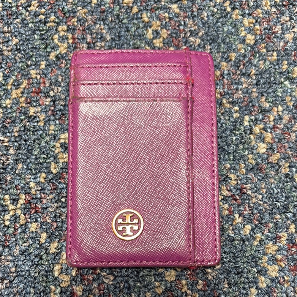 Tory Burch Magenta Leather Card Holder with Logo